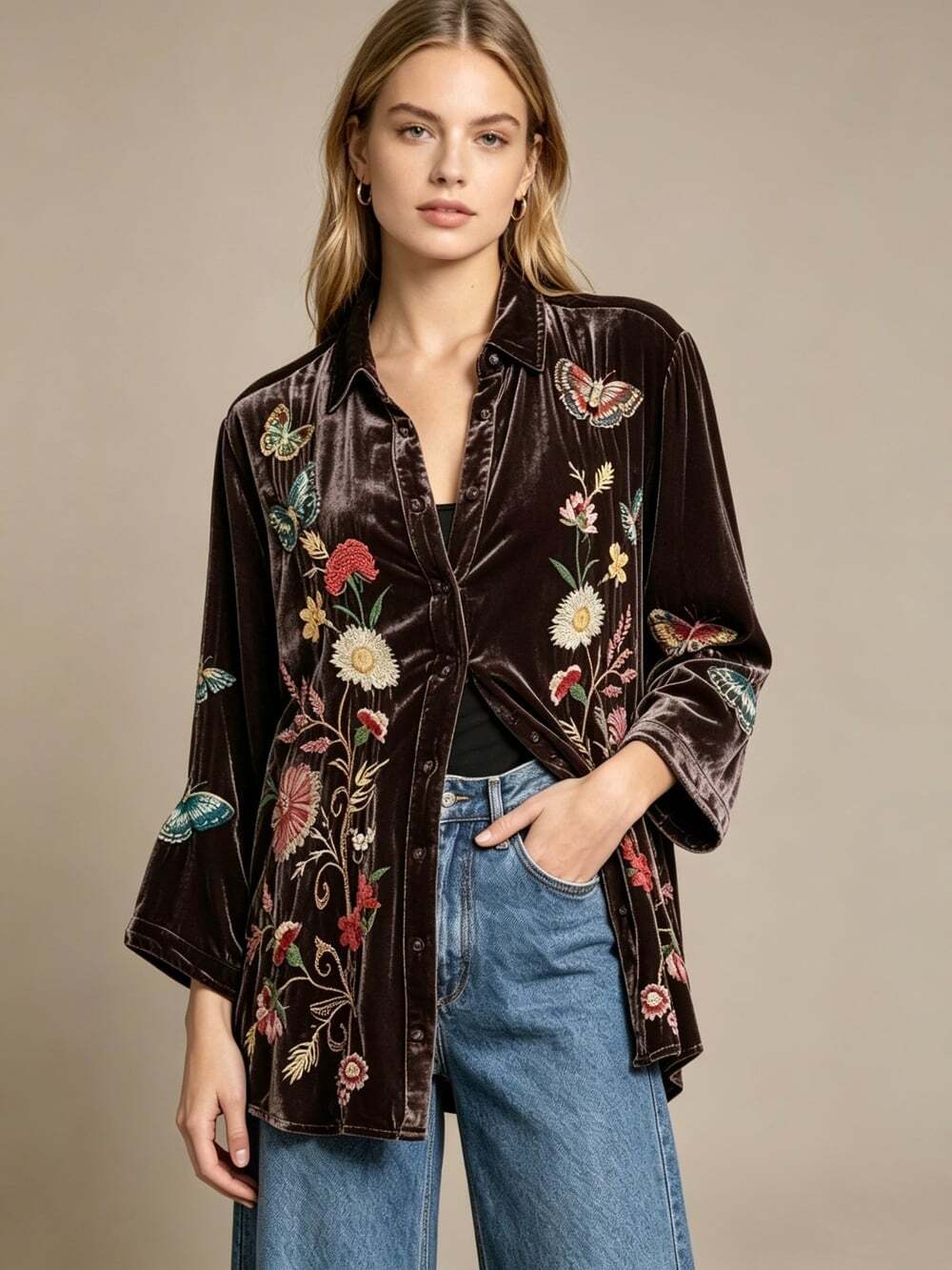 NWOT Johnny Was Silk Blend Velvet Floral Embroidered Blouse Coffee Bean Sz L